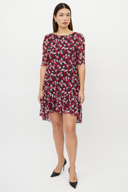Saint Laurent Red & Multicolour Silk Floral High Low Dress