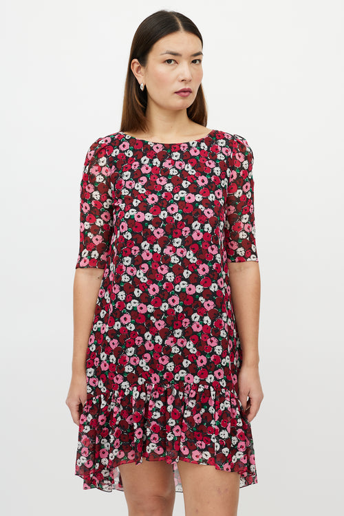 Saint Laurent Red & Multicolour Silk Floral High Low Dress