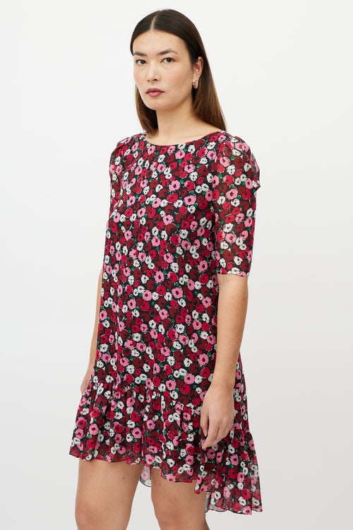 Saint Laurent Red & Multicolour Silk Floral High Low Dress