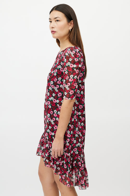 Saint Laurent Red & Multicolour Silk Floral High Low Dress