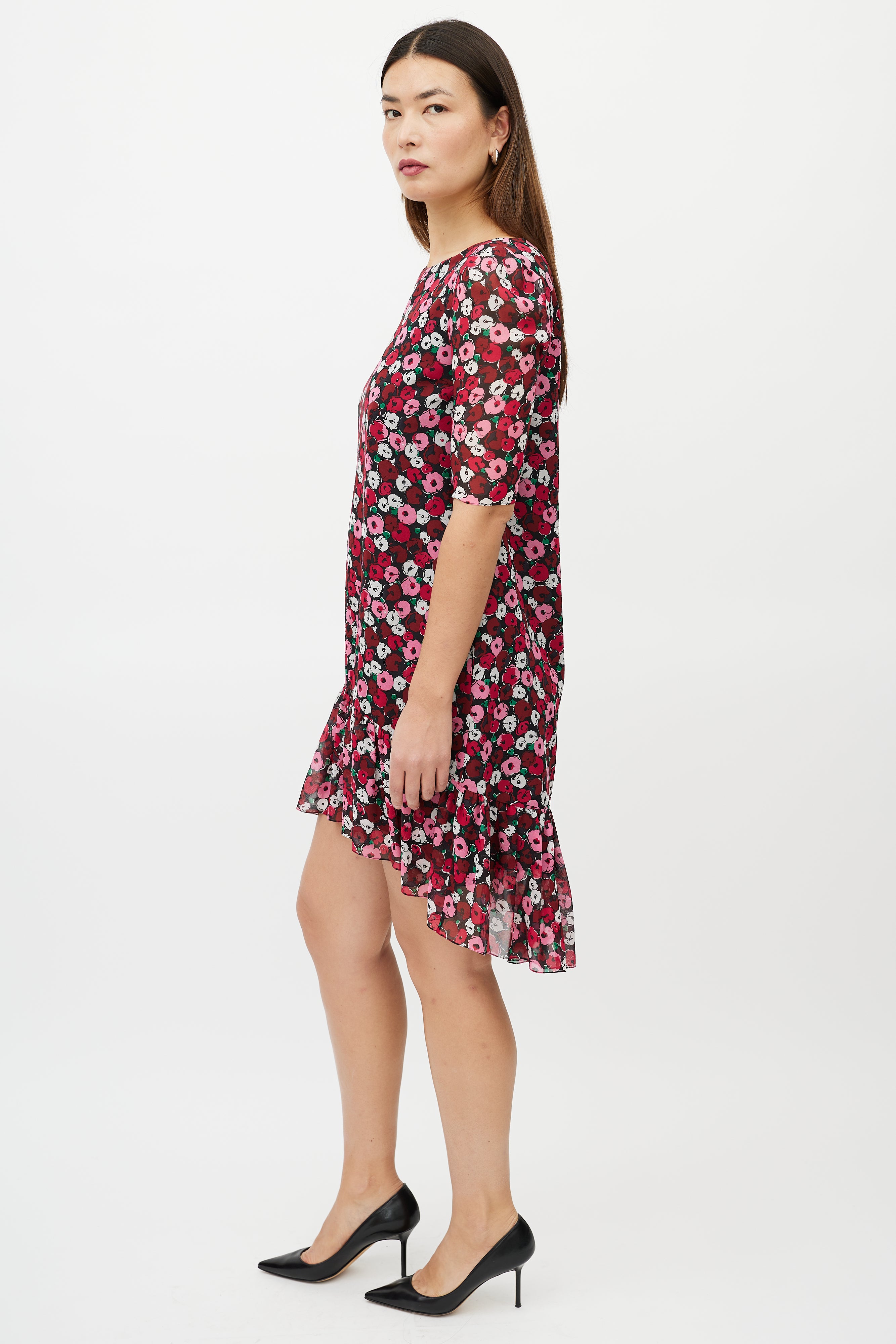 Saint Laurent Red & Multicolour Silk Floral High Low Dress