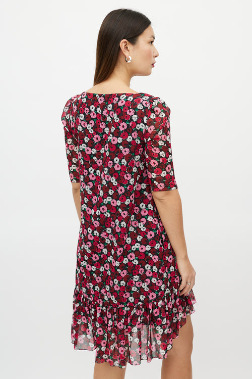 Saint Laurent Red & Multicolour Silk Floral High Low Dress