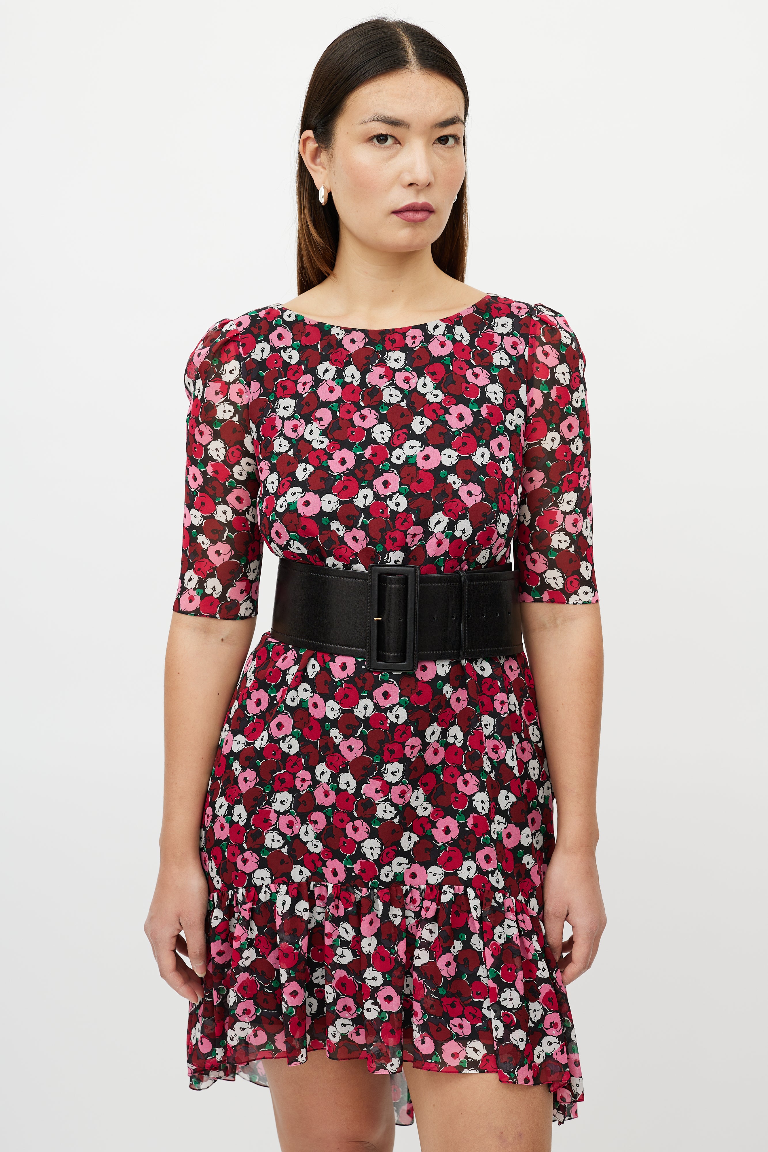 Saint Laurent Red & Multicolour Silk Floral High Low Dress