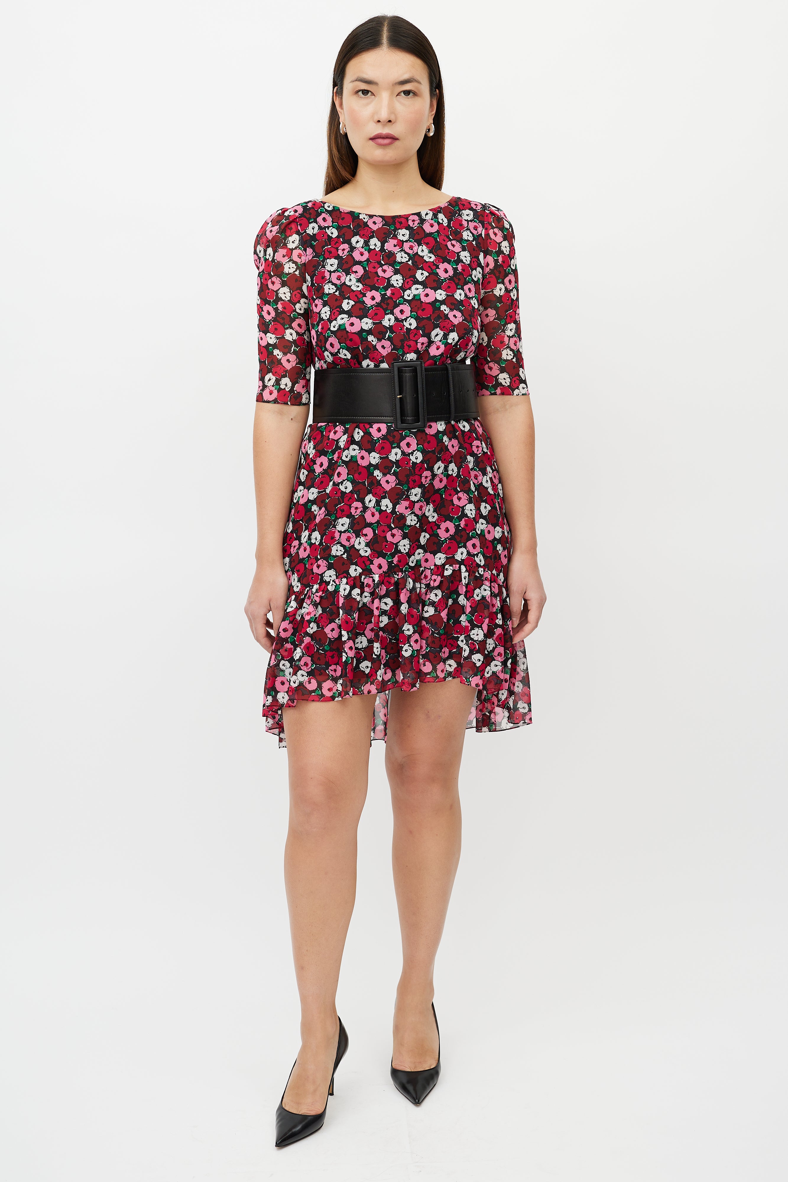 Saint Laurent Red & Multicolour Silk Floral High Low Dress