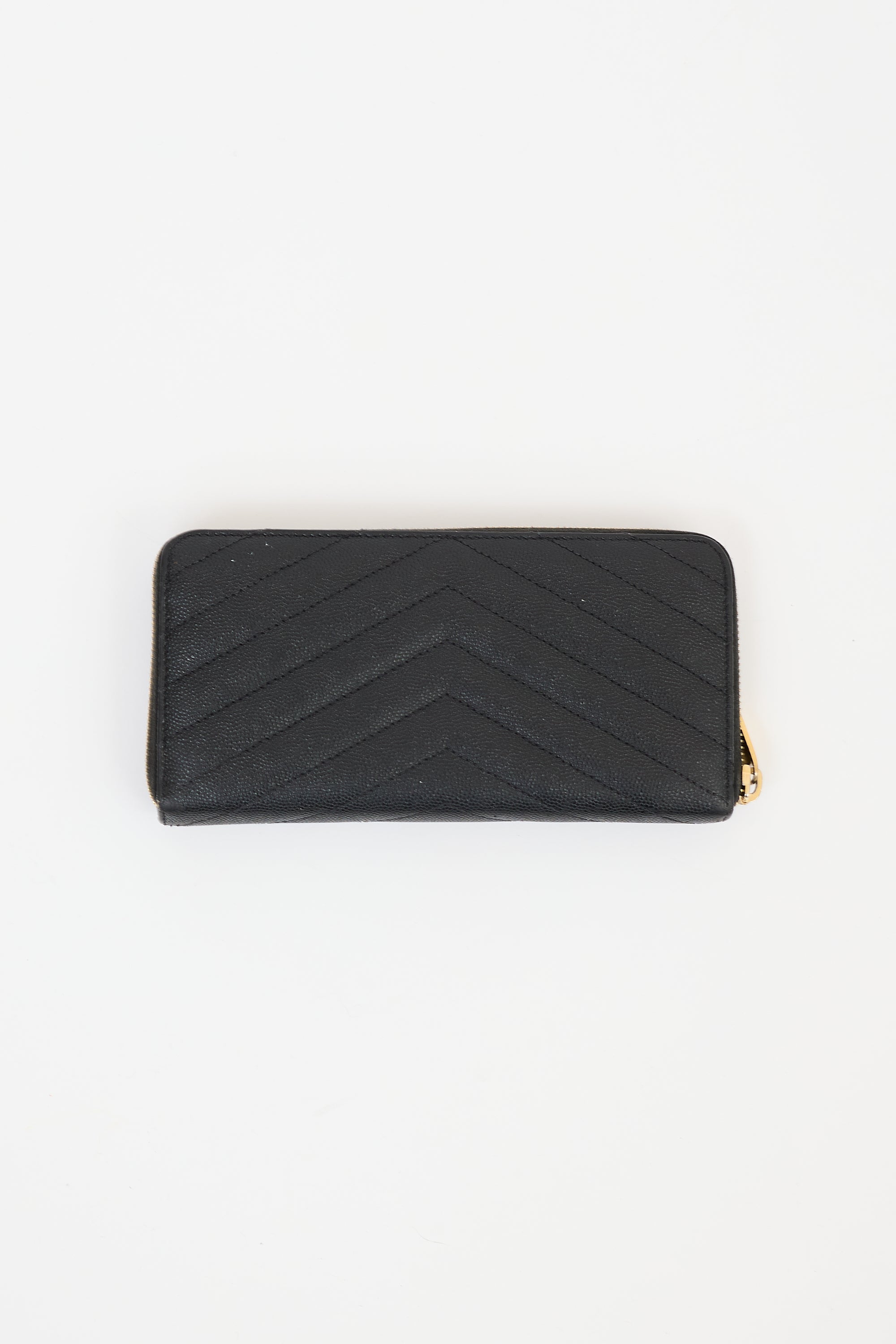 Saint Laurent Black Leather Cassandre Zip Around Wallet