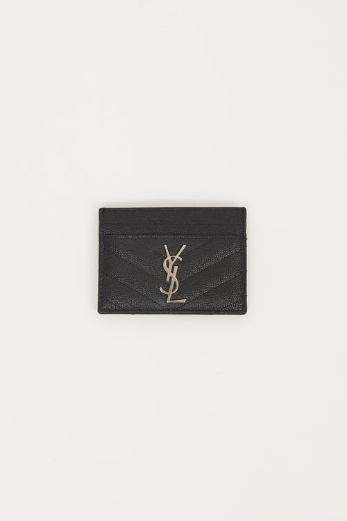 Saint Laurent Black & Silver Embossed Leather Cassandre Matelassé Cardholder