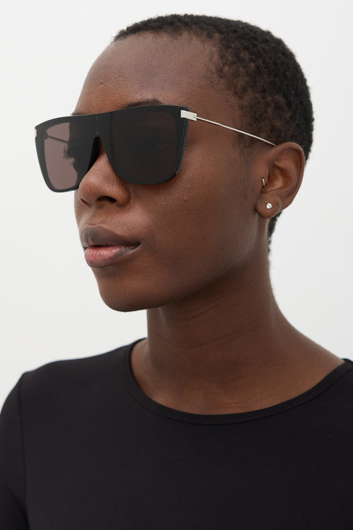 Saint Laurent Black & Silver SL1T Square Shield Sunglasses