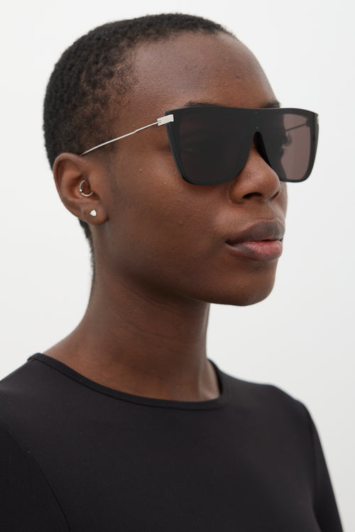 Saint Laurent Black & Silver SL1T Square Shield Sunglasses