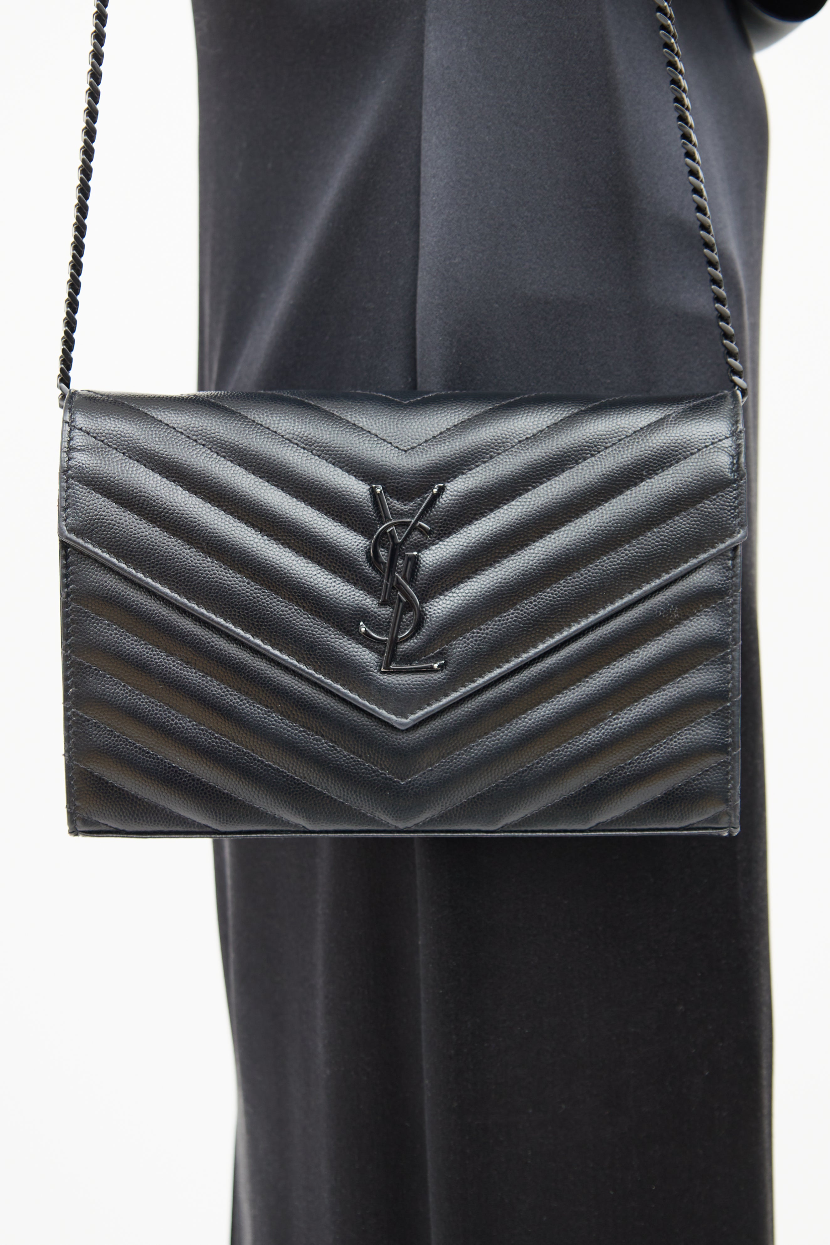 Saint Laurent Black Cassandre Chain Wallet Bag