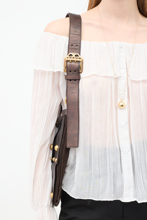 Saint Laurent Dark Brown Leather & Suede Sparte Studded Shoulder Bag