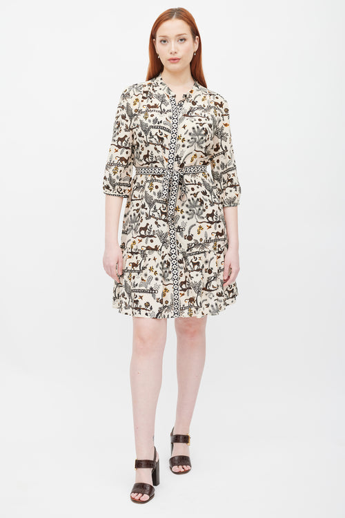 Saloni Cream & Black Sheer Printed Button Up Dress