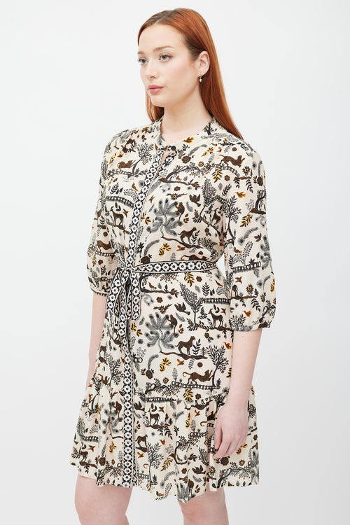 Saloni Cream & Black Sheer Printed Button Up Dress