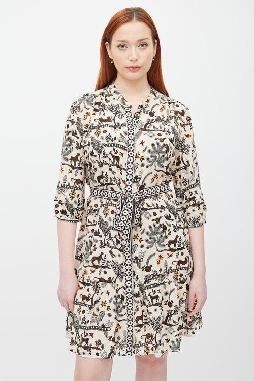 Saloni Cream & Black Sheer Printed Button Up Dress