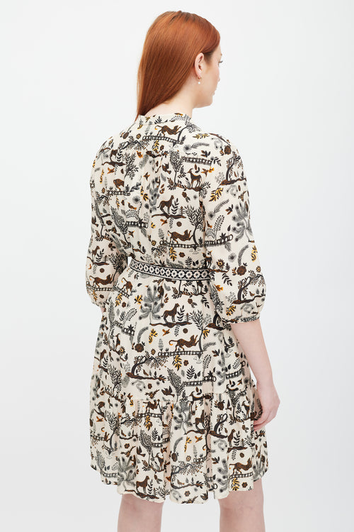 Saloni Cream & Black Sheer Printed Button Up Dress