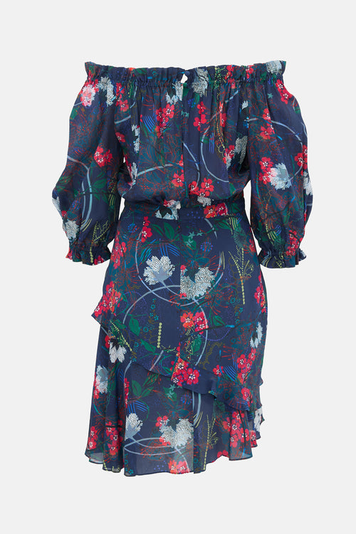 Saloni Silk Floral Off Shoulder Dress