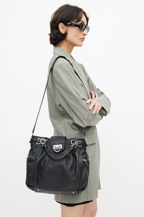 Salvatore Ferragamo Black & Silver Gancini Shoulder Bag