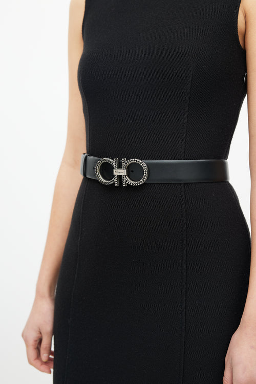 Salvatore Ferragamo Black & Silver Chainlink Logo Belt