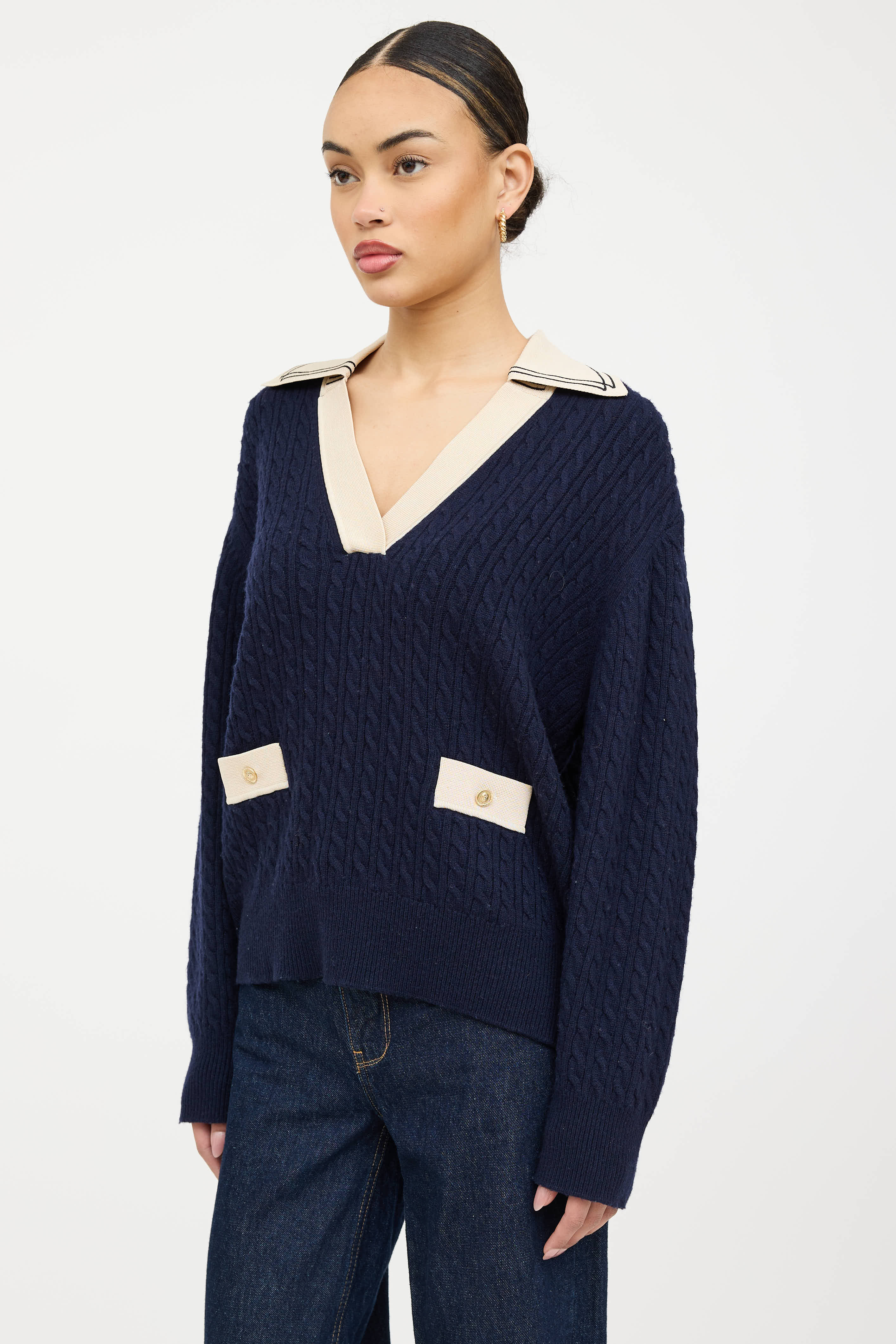 Sandro Wool Cableknit V-Neck Sweater