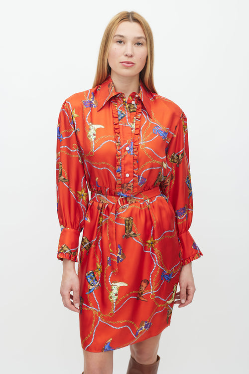 Sandro Red & Multicolour Silk Chain Belted Dress