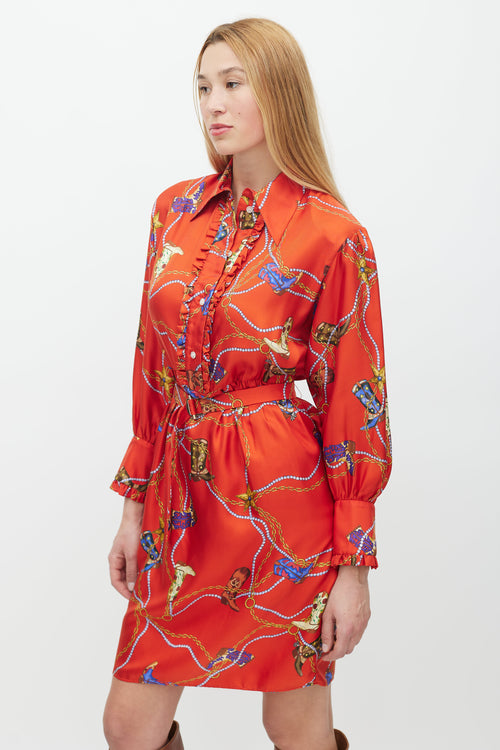 Sandro Red & Multicolour Silk Chain Belted Dress