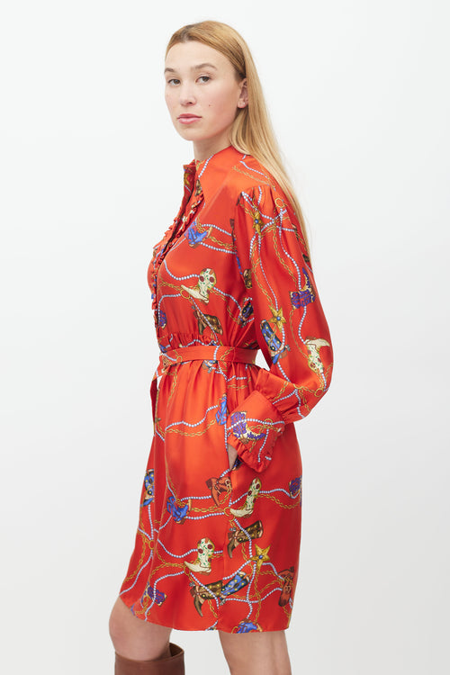 Sandro Red & Multicolour Silk Chain Belted Dress