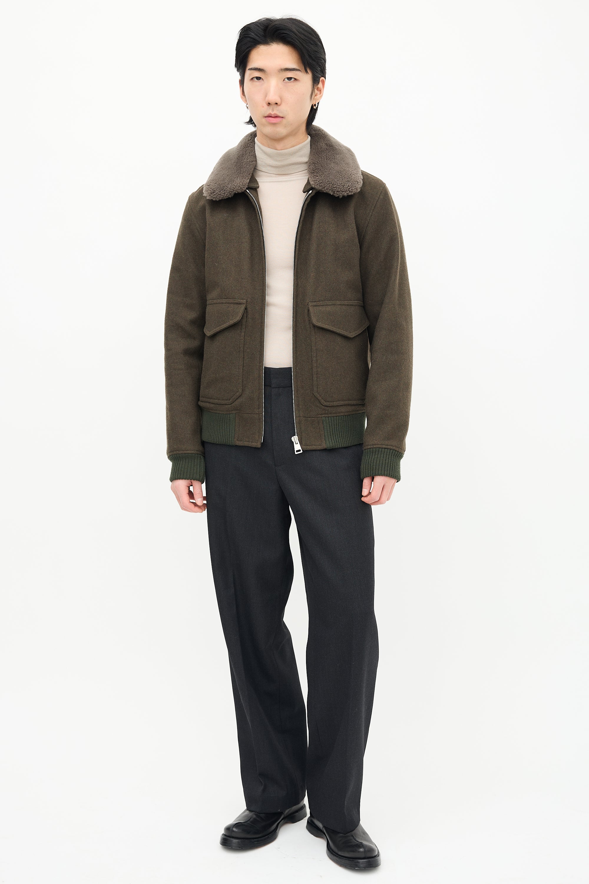 Sandro Green Wool & Sherpa Collar Jacket