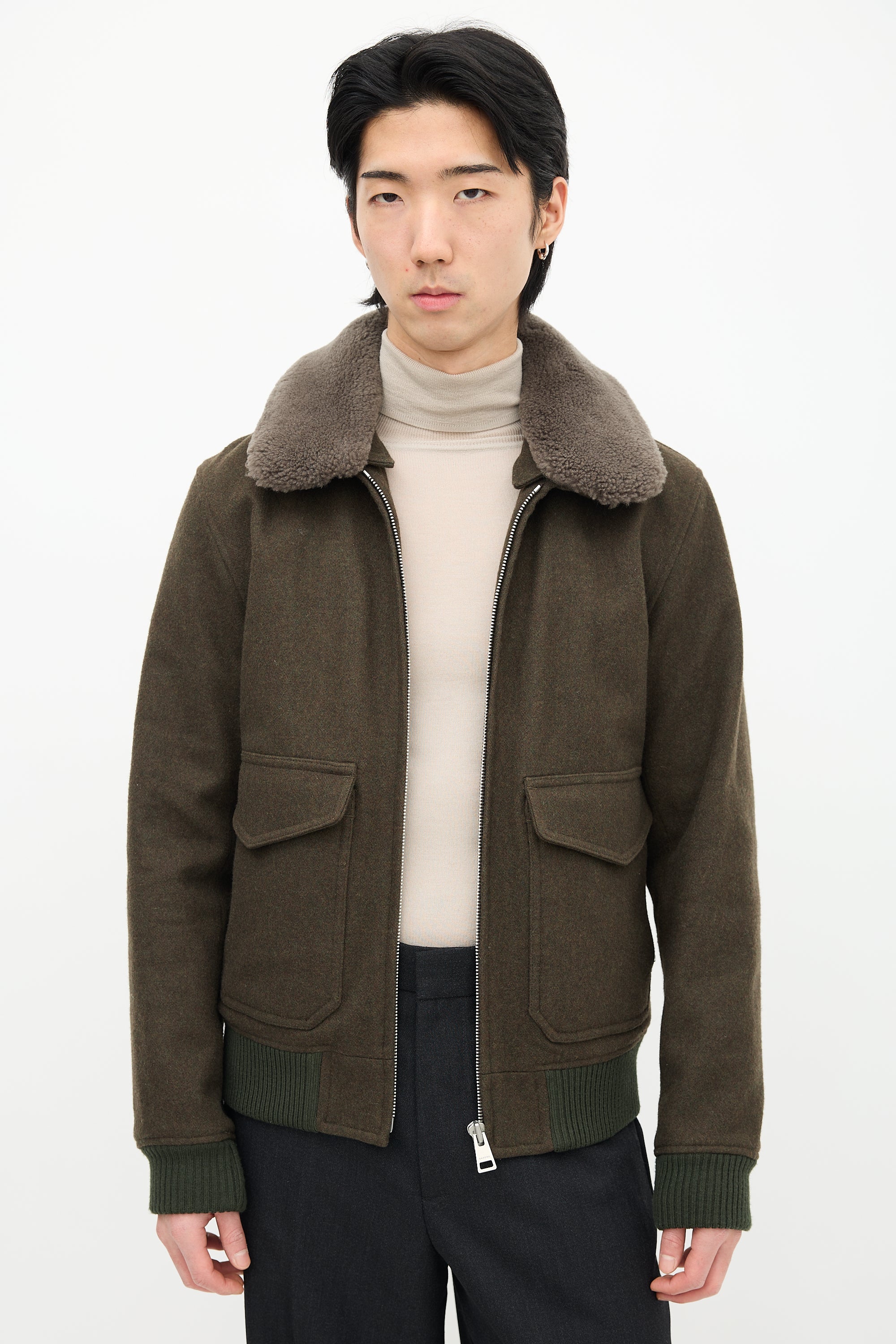 Sandro Green Wool & Sherpa Collar Jacket