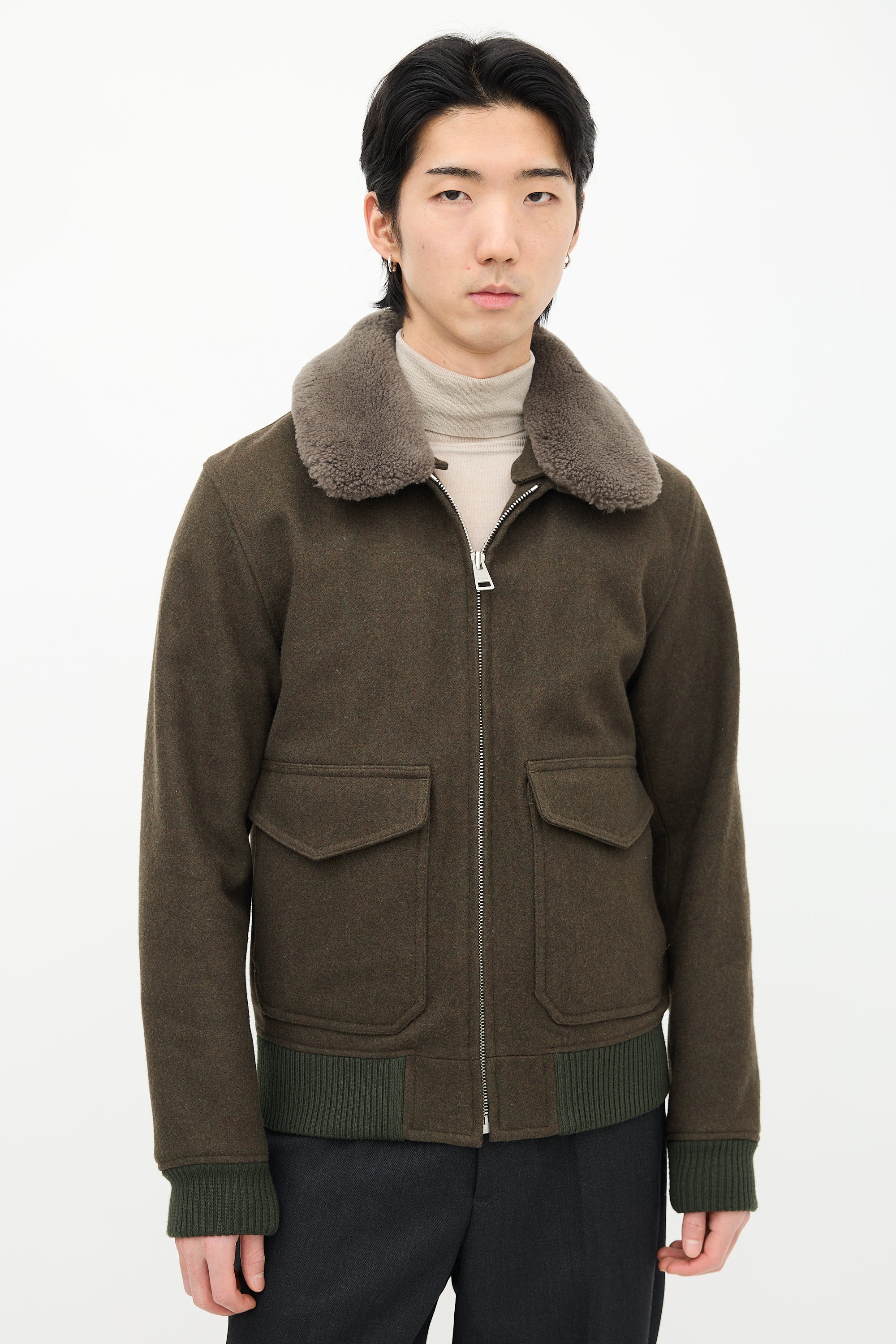 Sandro Green Wool & Sherpa Collar Jacket