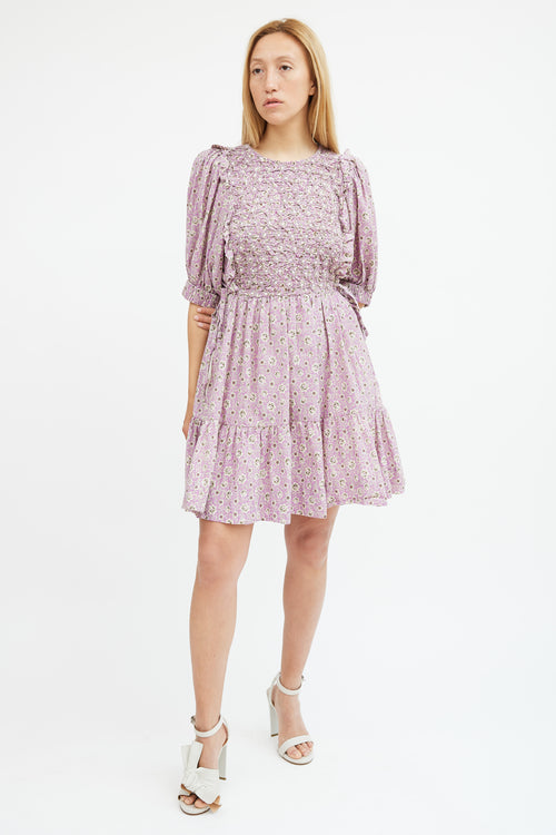 Sea Purple & Beige Floral Smocked Midi Dress