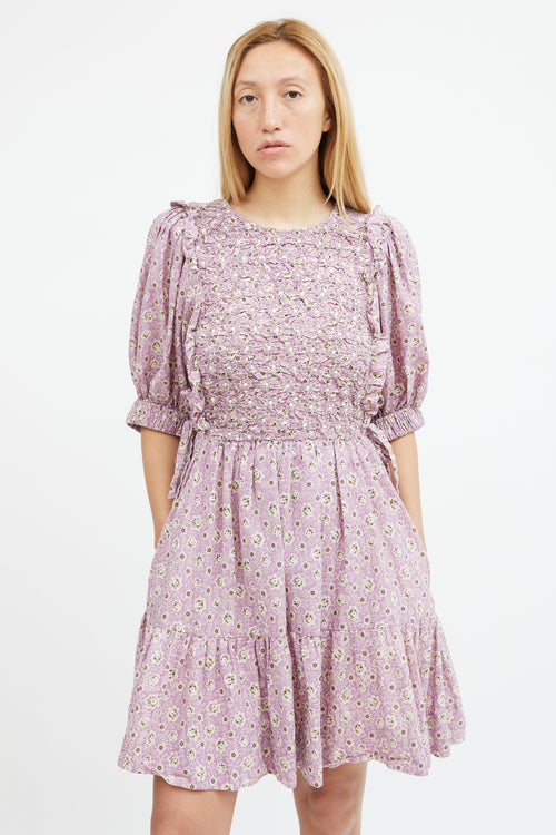 Sea Purple & Beige Floral Smocked Midi Dress