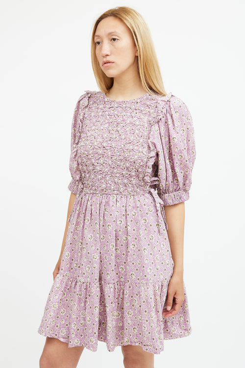 Sea Purple & Beige Floral Smocked Midi Dress