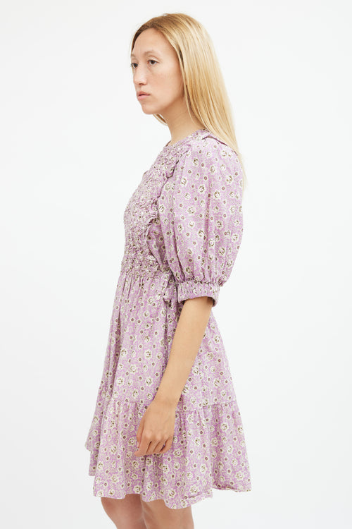 Sea Purple & Beige Floral Smocked Midi Dress