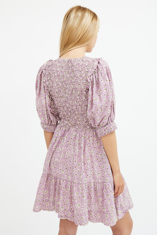 Sea Purple & Beige Floral Smocked Midi Dress