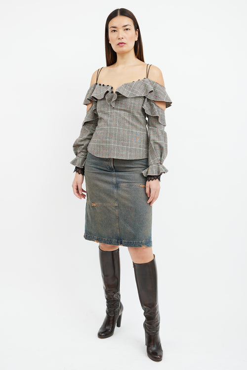 Self-Portrait Grey & Orange Glen Check Ruffle Top