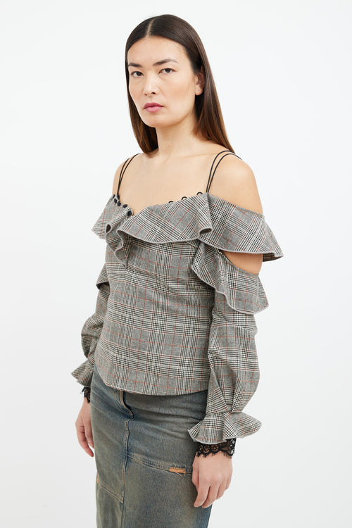 Self-Portrait Grey & Orange Glen Check Ruffle Top