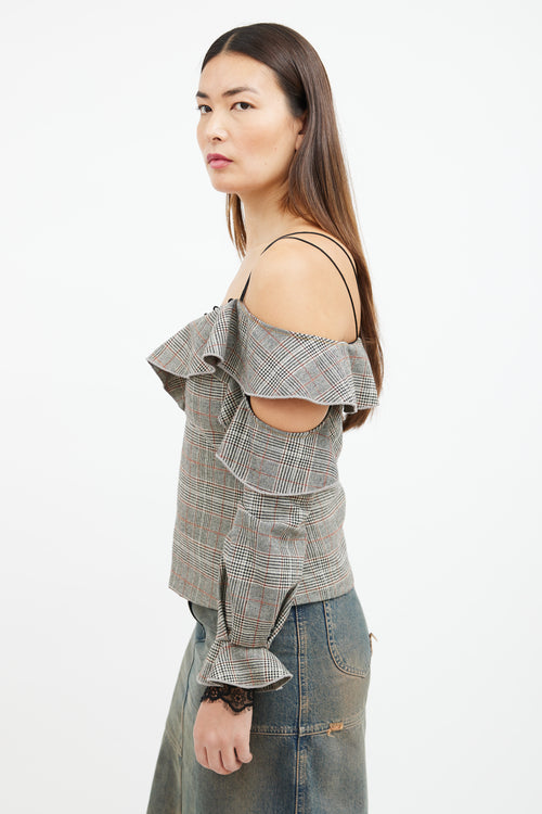 Self-Portrait Grey & Orange Glen Check Ruffle Top