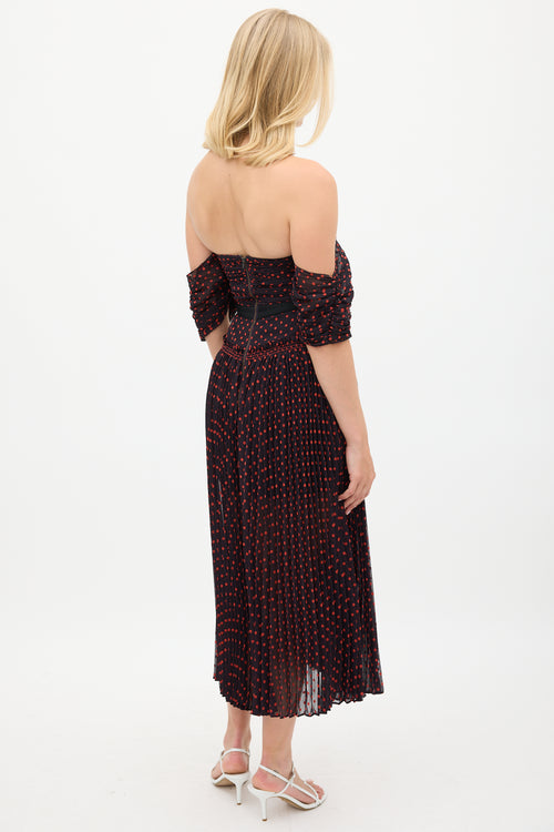 Self-Portrait Black & Red Polka Dot Pleated Dress