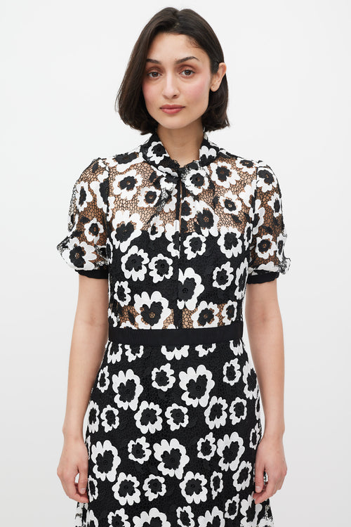 Self-Portrait Black & White Short Sleeve Abstract Guipure Dress