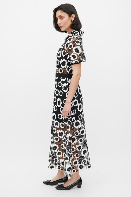 Self-Portrait Black & White Short Sleeve Abstract Guipure Dress