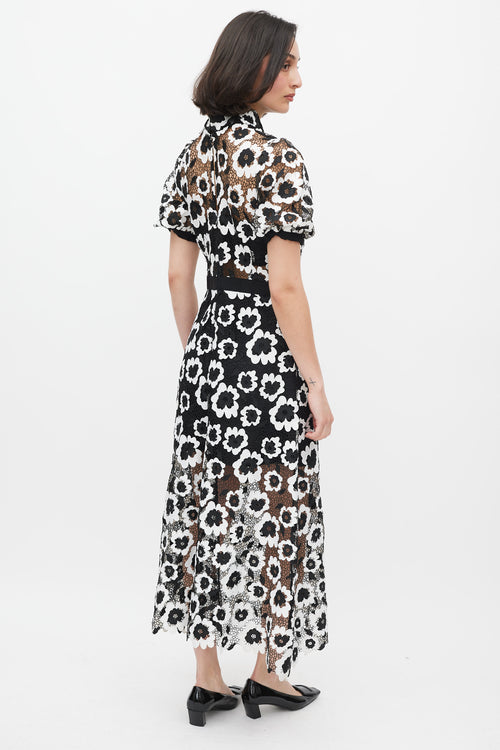 Self-Portrait Black & White Short Sleeve Abstract Guipure Dress