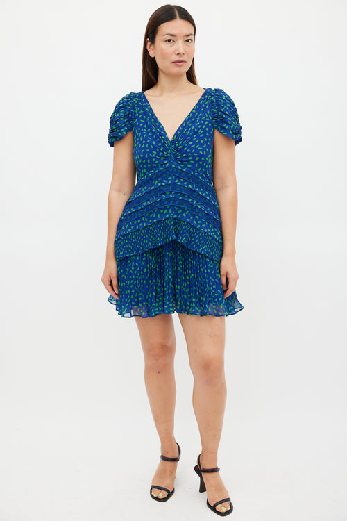 Self-Portrait Blue & Green Chiffon Dot Mini Dress