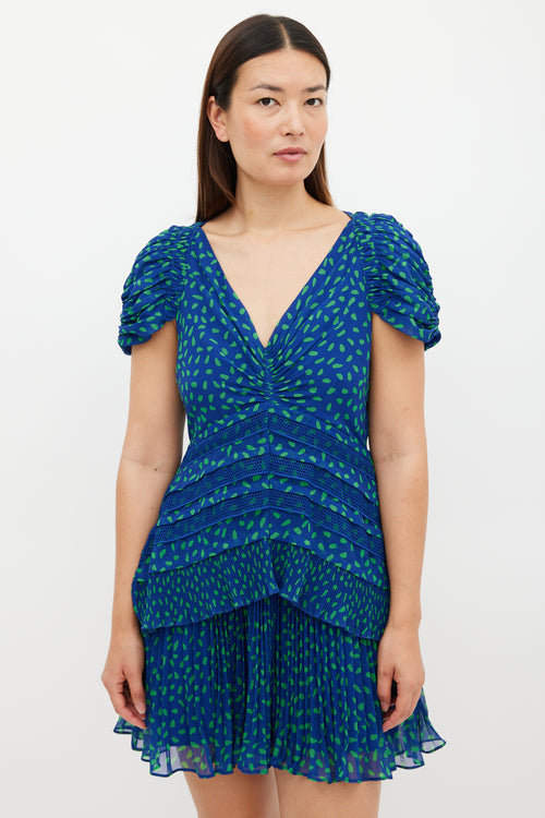 Self-Portrait Blue & Green Chiffon Dot Mini Dress