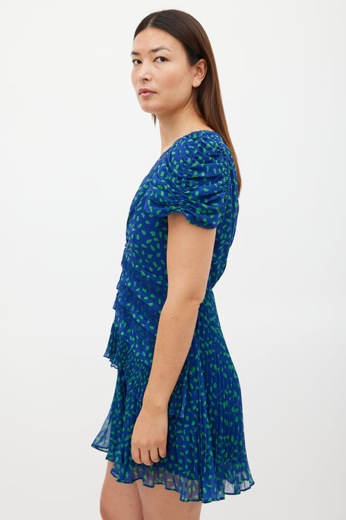 Self-Portrait Blue & Green Chiffon Dot Mini Dress