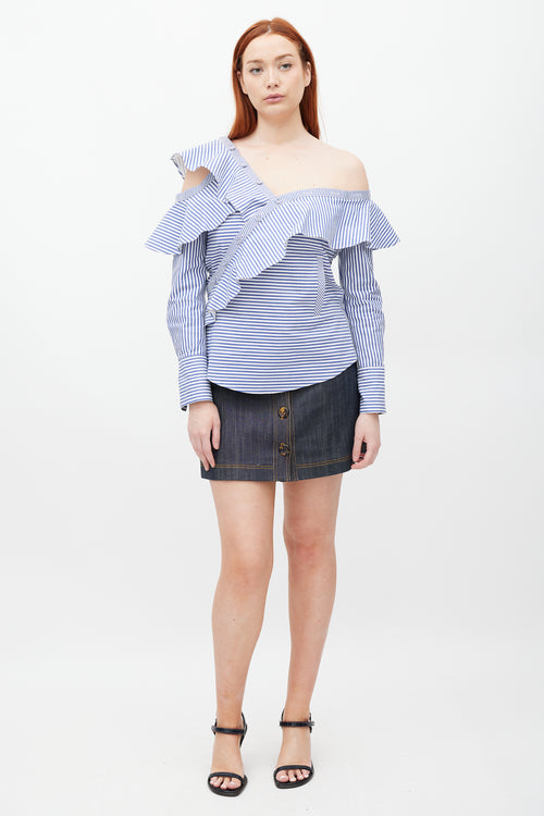 Self-Portrait Blue & White Asymmetrical Striped Top