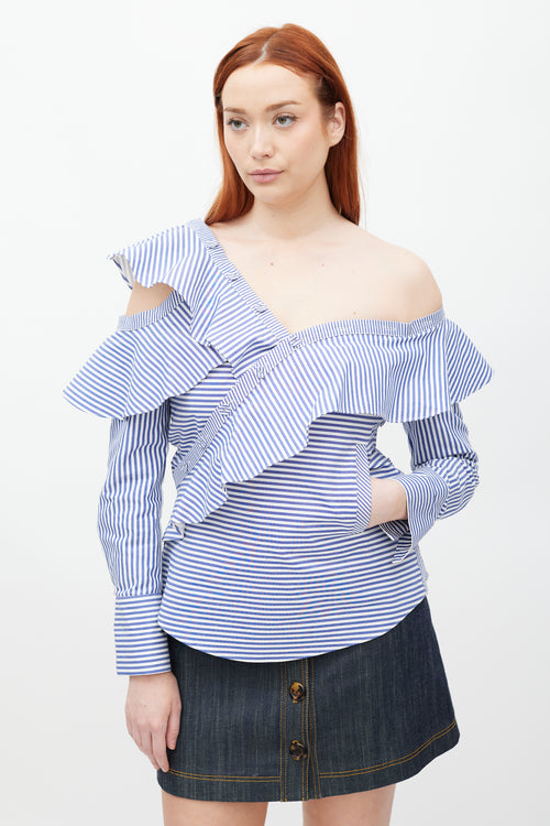 Self-Portrait Blue & White Asymmetrical Striped Top
