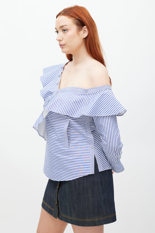 Self-Portrait Blue & White Asymmetrical Striped Top