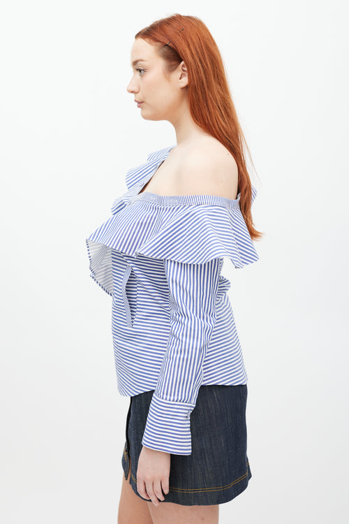 Self-Portrait Blue & White Asymmetrical Striped Top