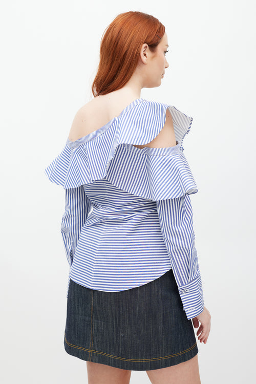 Self-Portrait Blue & White Asymmetrical Striped Top