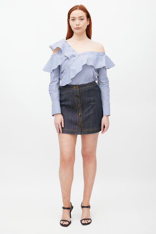 Self-Portrait Blue & White Asymmetrical Striped Top