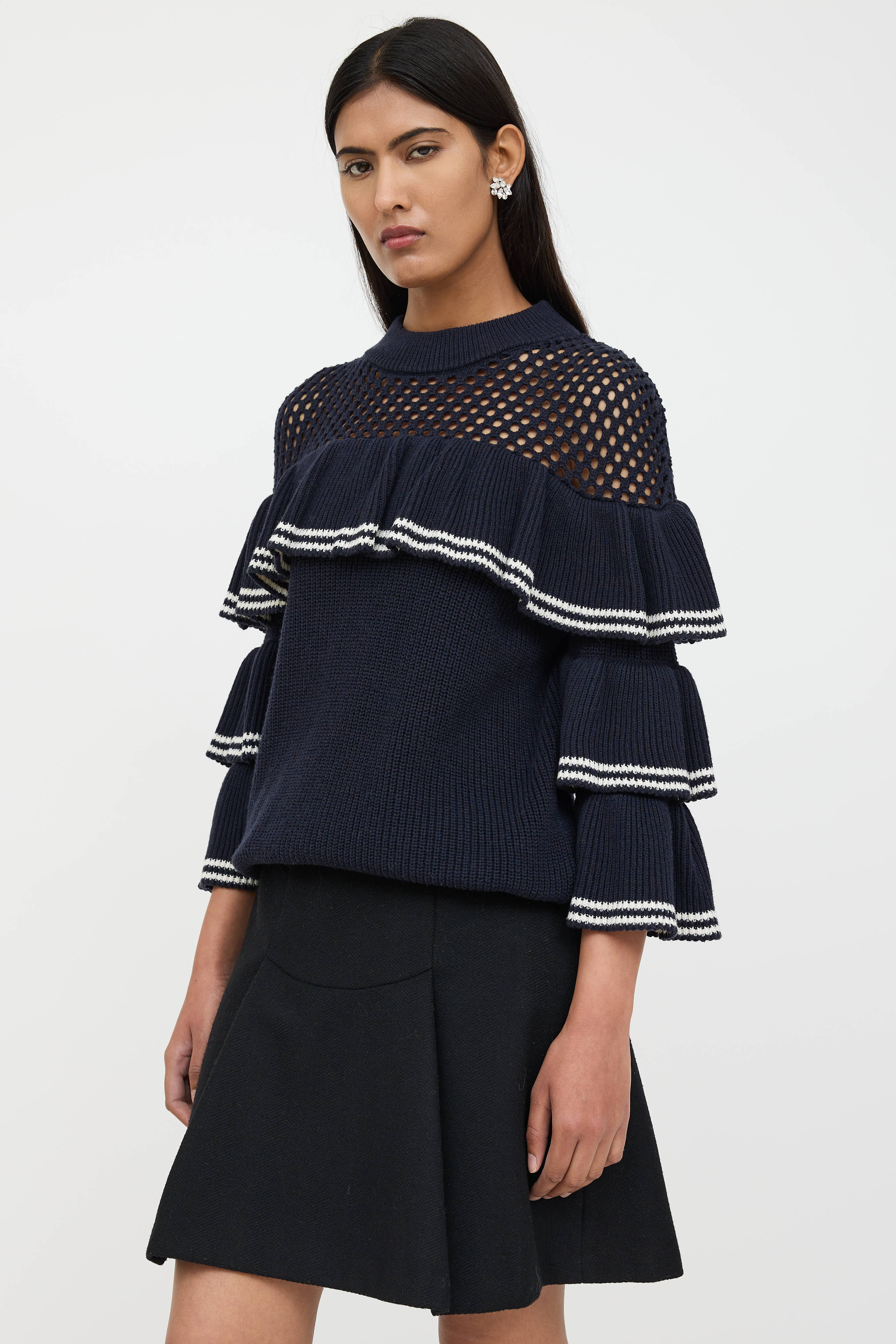 Self-Portrait Wool Ruffled Striped Knit Sweater